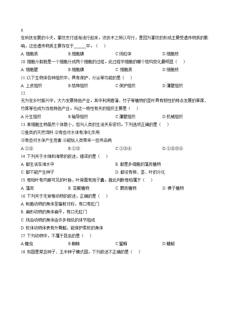 安徽省芜湖市无为市2025_2026学年七年级上学期1月期末考试生物学试卷（文字版，含答案）第2页