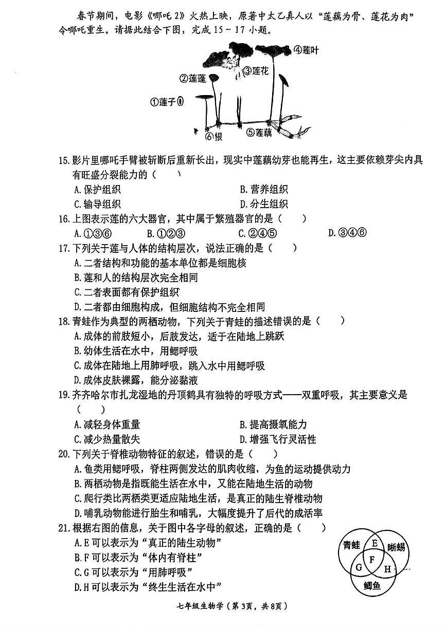 福建省莆田市荔城区2025—2026年度上学期七年级期末质量监测生物学试卷第3页