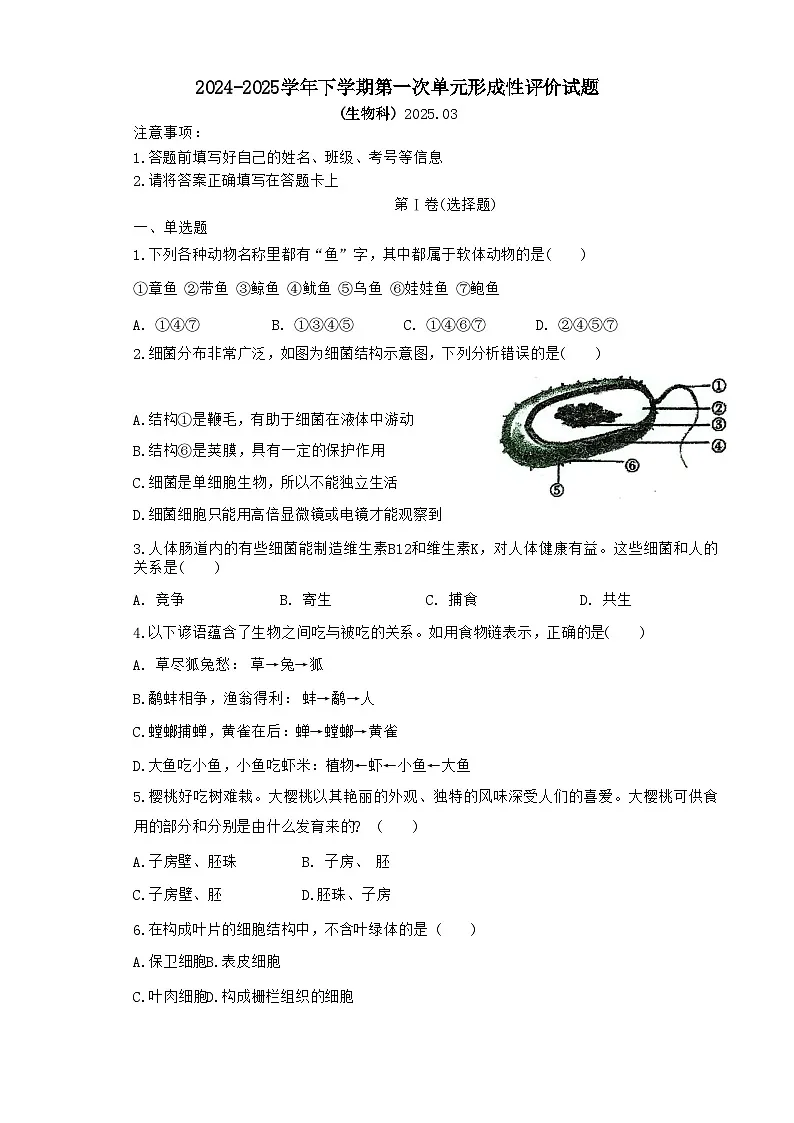 广东省梅州市兴宁市实验学校、宁江中学2024-2025学年八年级下学期3月月考生物试题-A4第1页