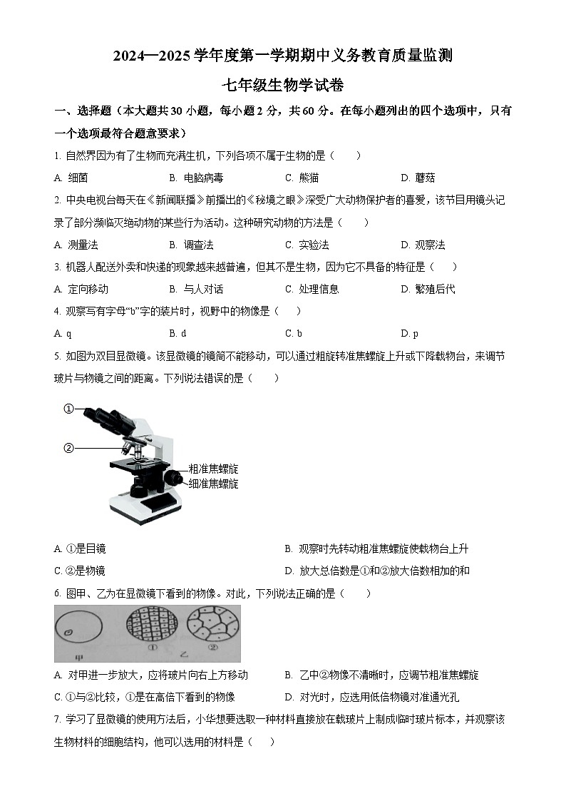 广东省江门市恩平市七年级上学期期中生物学试题（原卷版）-A4第1页