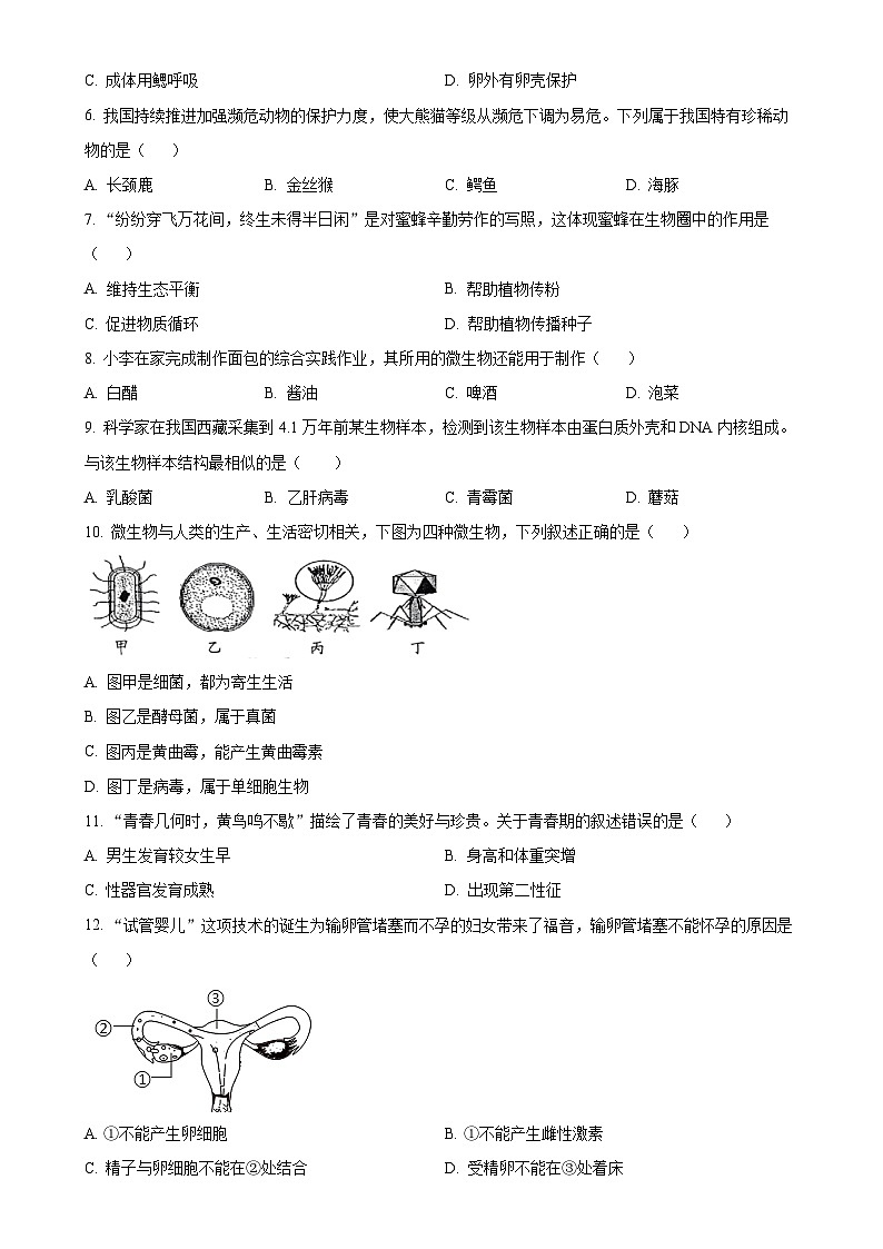 广东省清远市英德市八年级上学期期末生物试题（原卷版）-A4第2页
