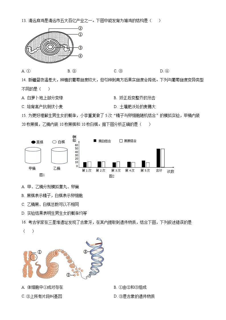 广东省清远市英德市八年级上学期期末生物试题（原卷版）-A4第3页
