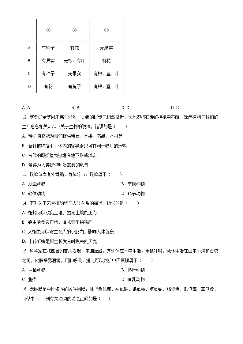 山东省济宁市金乡县2025-2026学年七年级上学期期末生物学试题（原卷版+解析版）第3页