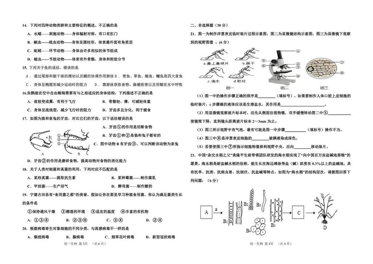 2025—2026学年吉林省吉林油田第十二中学度上学期七年级期末质量检测生物试卷（含答案）第2页