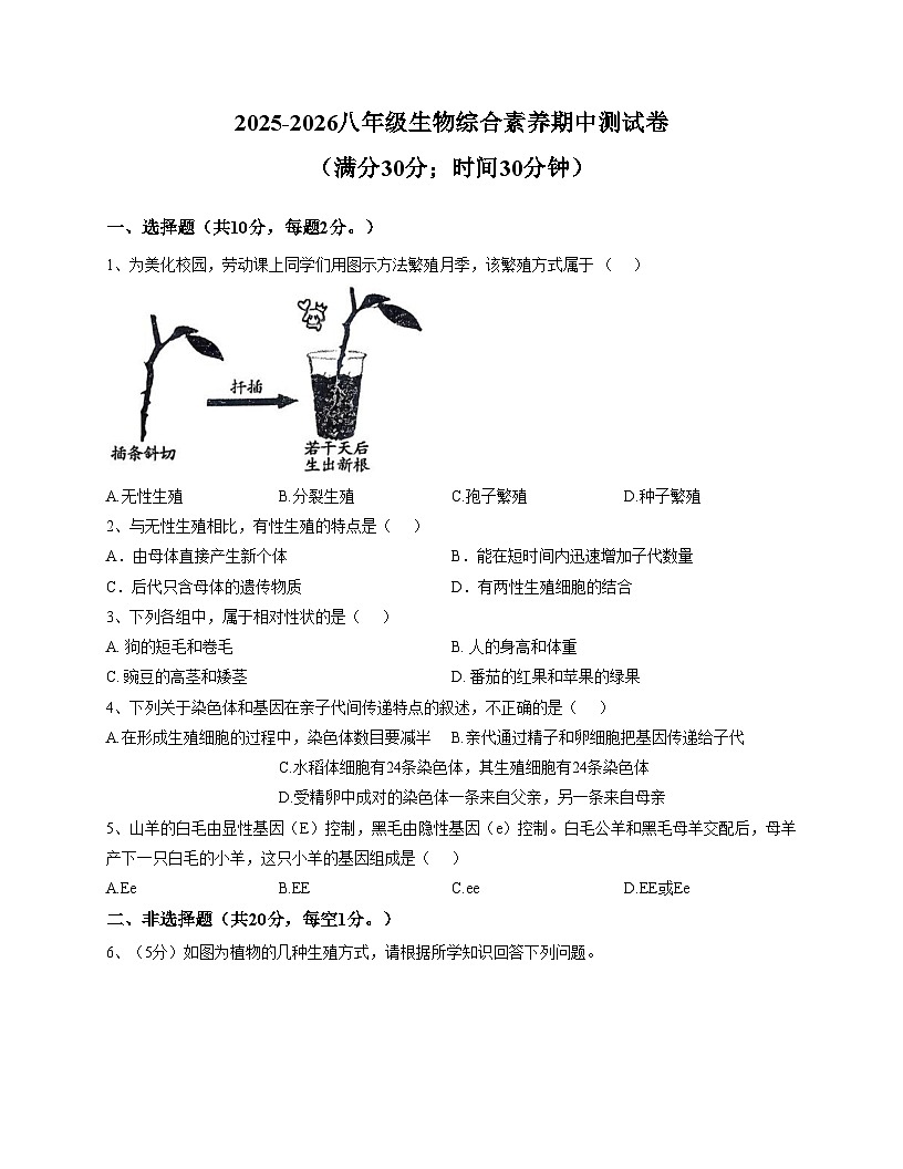 内蒙古乌兰察布市丰镇市丰华中学2025_2026学年八年级上学期期中考试生物试题（文字版，含答案）第1页