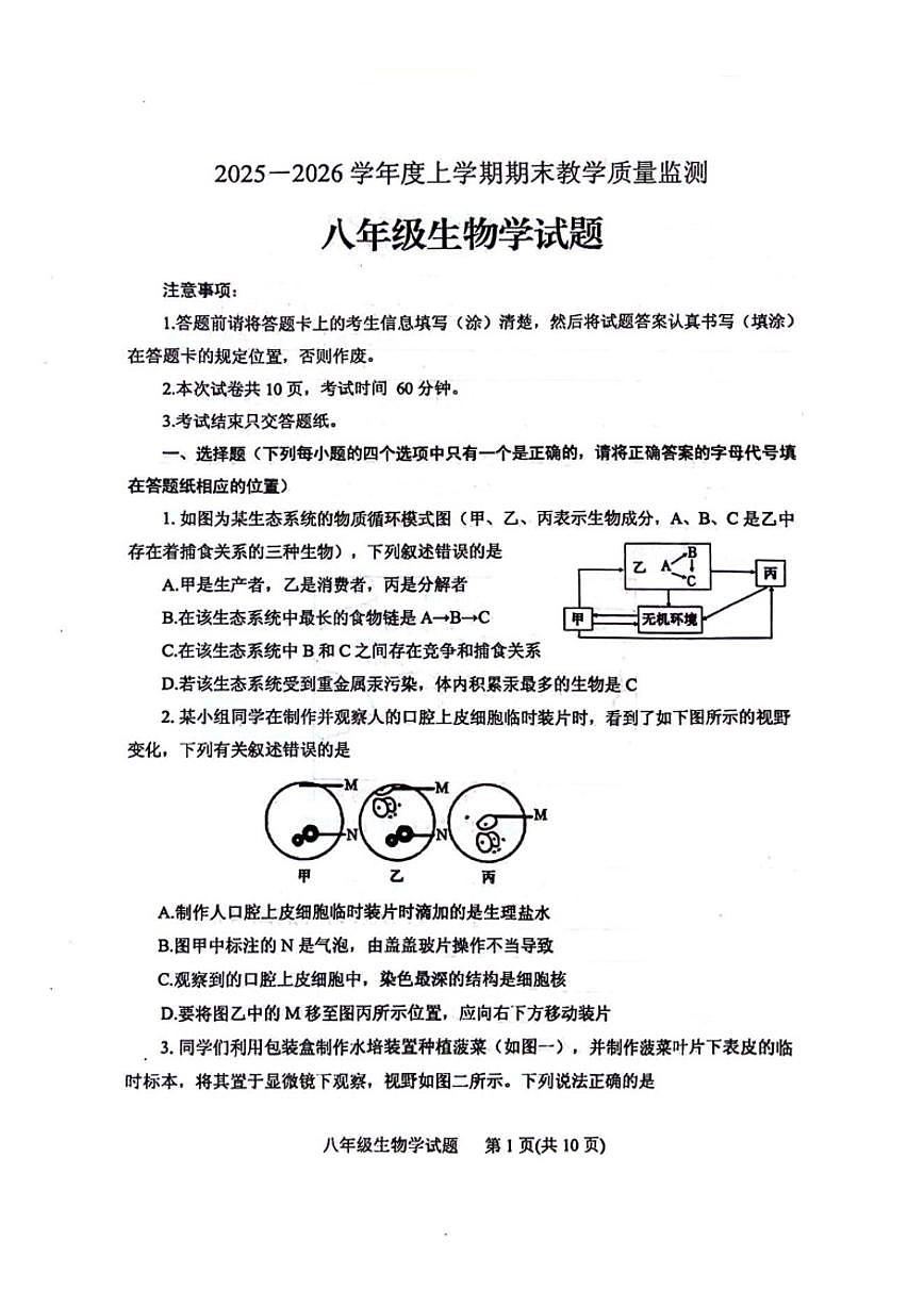 2025-2026学年山东省肥城市上学期八年级生物期末_(含答案_)试题第1页
