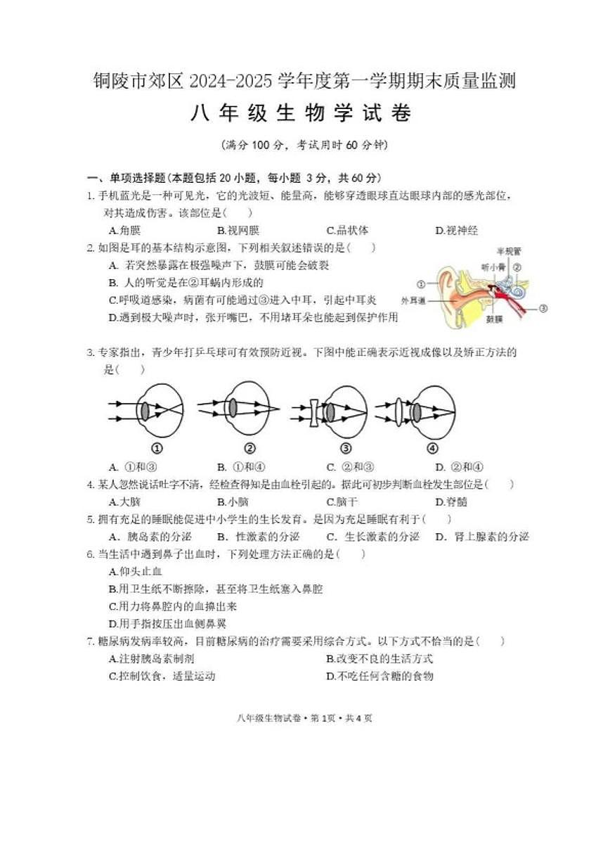 2024-2025学年安徽省铜陵市郊区度第一学期期末质量监测八年级生物学试卷（含答案）第1页