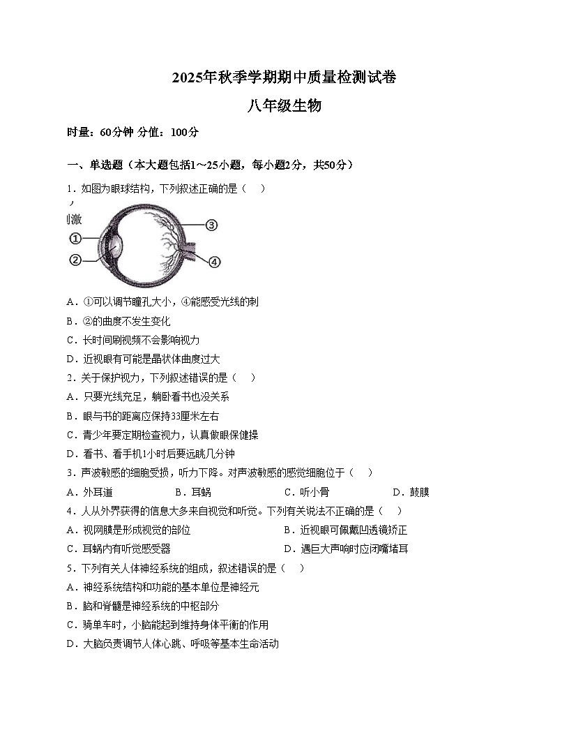 湖南省邵阳市洞口县2025_2026学年八年级上学期期中质量检测生物试题（文字版，含答案）第1页