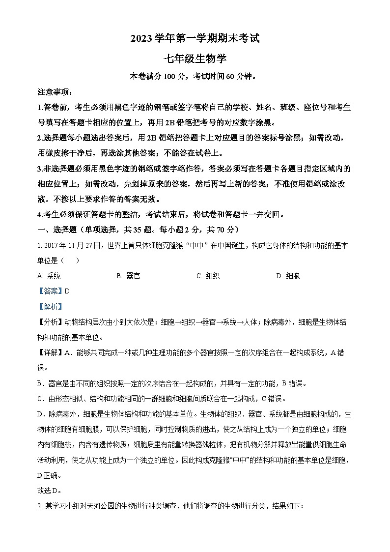 广东省广州市天河区七年级上学期期末生物试题（解析版）-A4(1)第1页