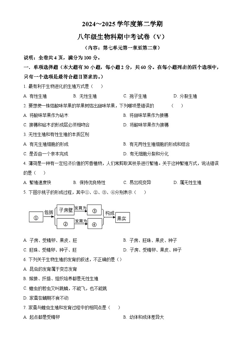 广东省汕头市潮南区八年级下学期期中生物试题（原卷版）-A4第1页