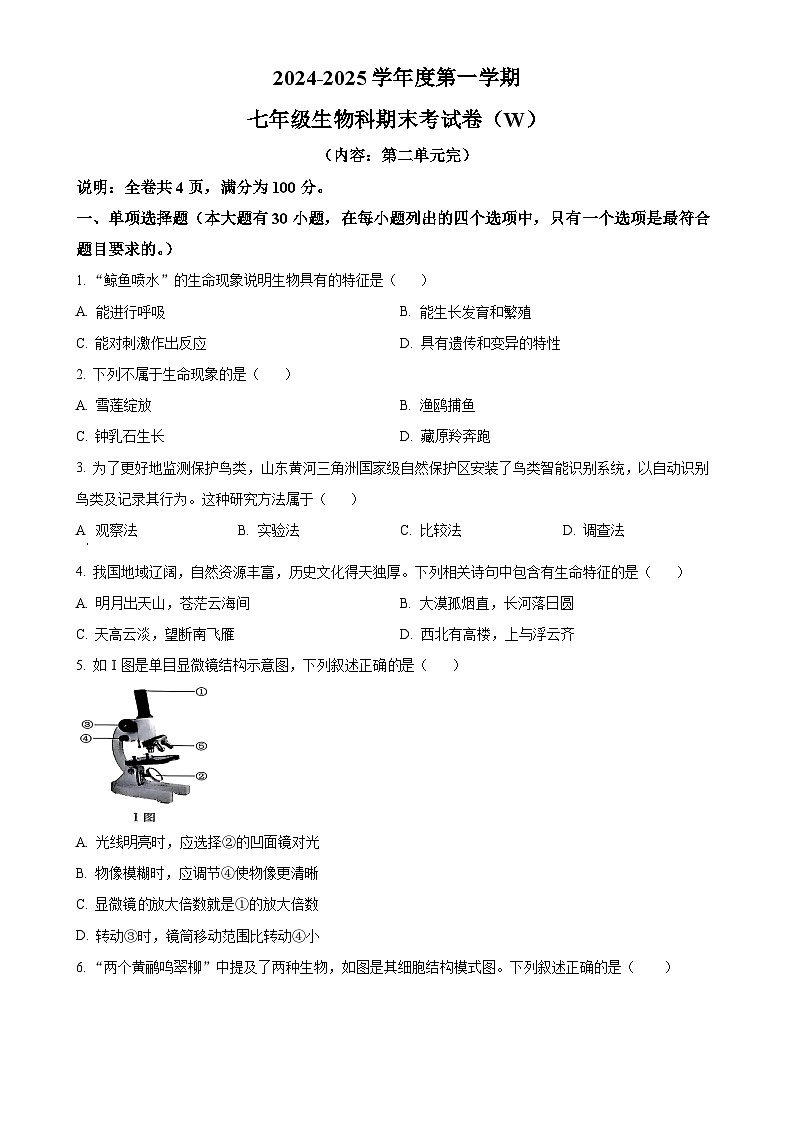 广东省汕头市潮南区七年级上学期期末生物试题（原卷版）-A4第1页