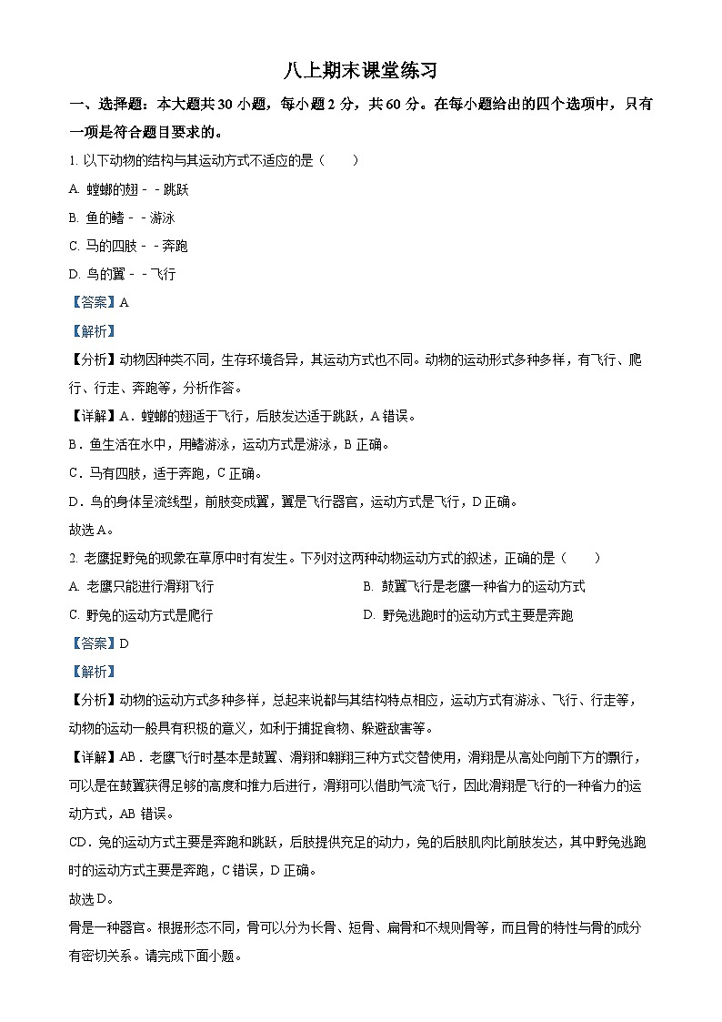 广东省梅州市兴宁市八年级上学期期末课堂练习生物学试题（解析版）-A4第1页