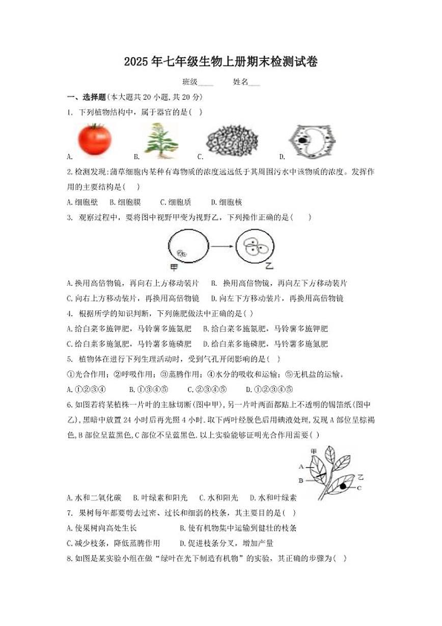 2025-2026学年湖北省恩施土家族苗族自治州鹤峰县七年级上学期生物期末考卷试题（含答案）第1页