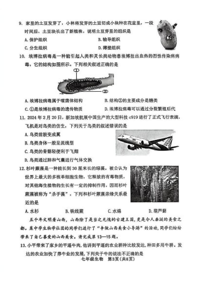 2025-2026学年山西省晋中市左权县第一学期期末学业水平质量监测七年级生物试题（含答案）第3页