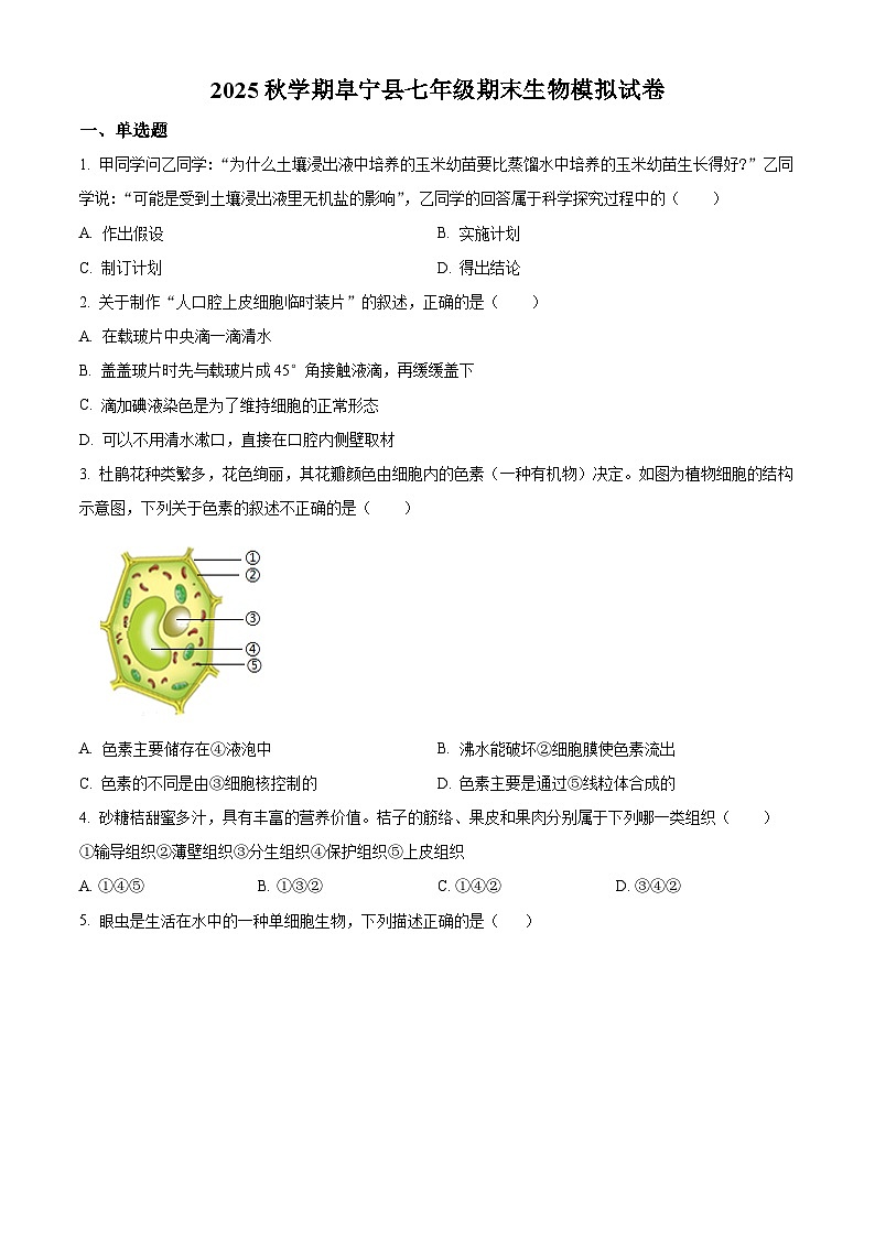 精品解析：江苏省盐城市阜宁县2025--2026学年七年级上学期期末模拟生物试题（原卷版）第1页