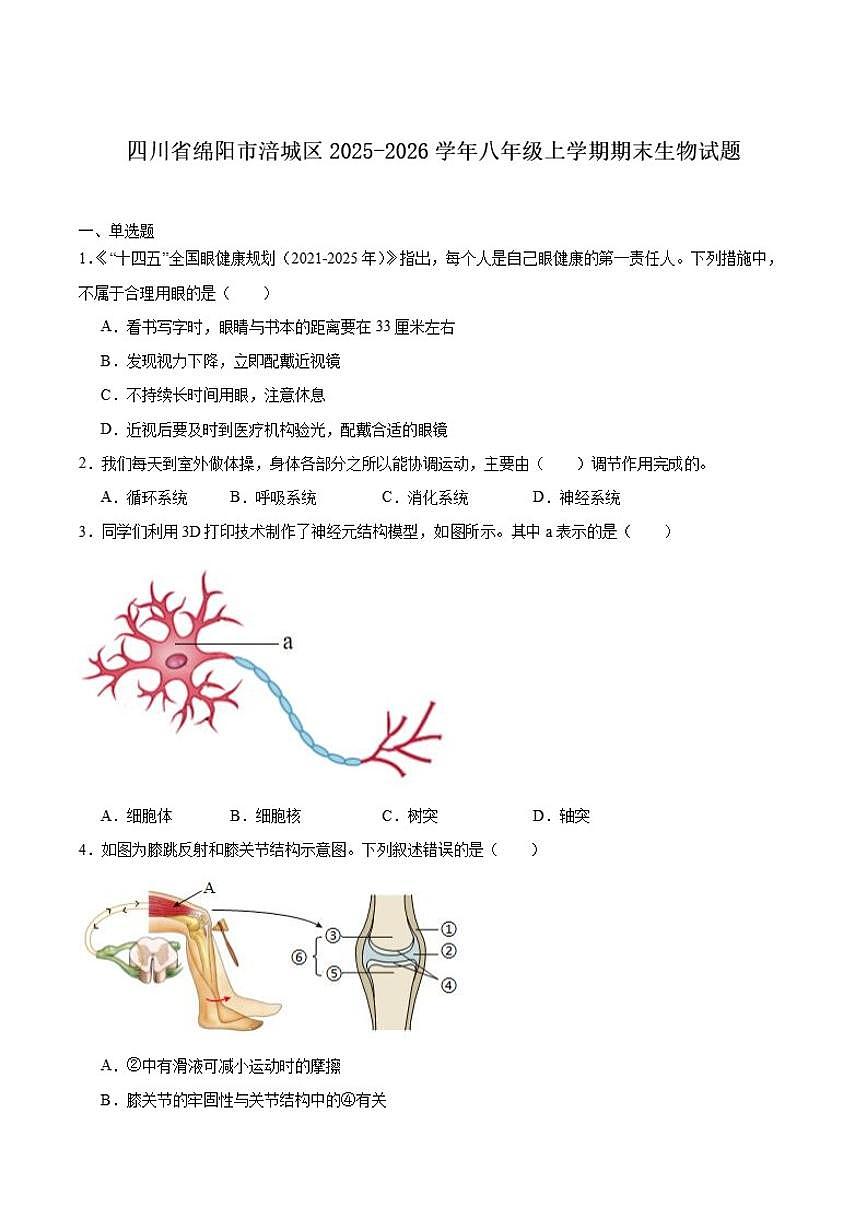 2025-2026学年四川省绵阳市涪城区八年级上学期1月期末考试生物试卷（含答案）第1页
