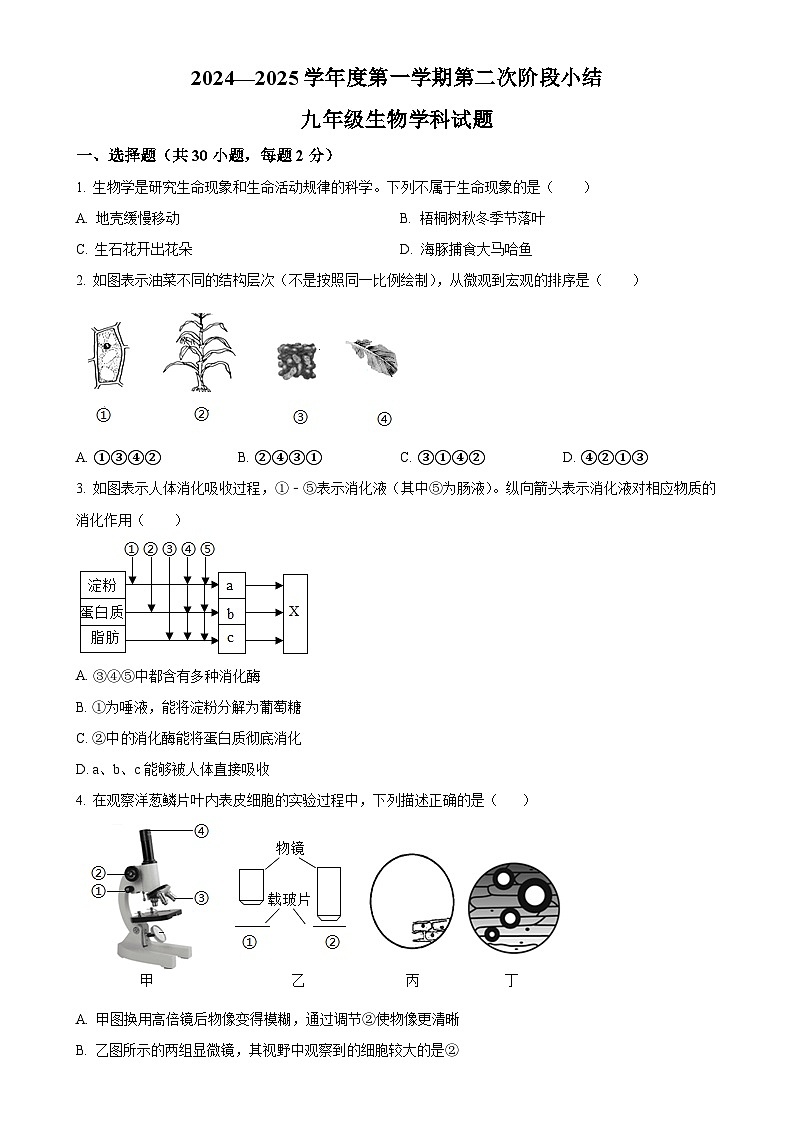 广东省揭阳真理中学九年级上学期第二次月考生物试题（原卷版）-A4第1页