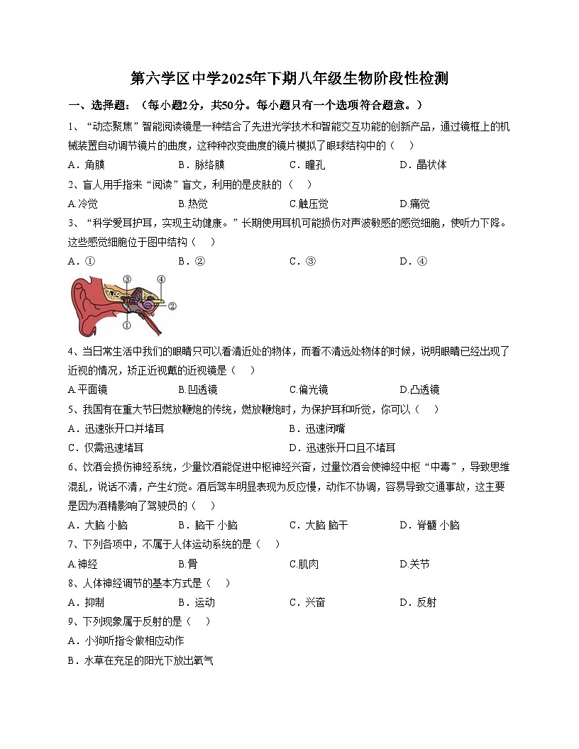 湖南省岳阳市平江县第六学区2025_2026学年八年级上学期11月期中生物试题（文字版，含答案、含答题卡）第1页