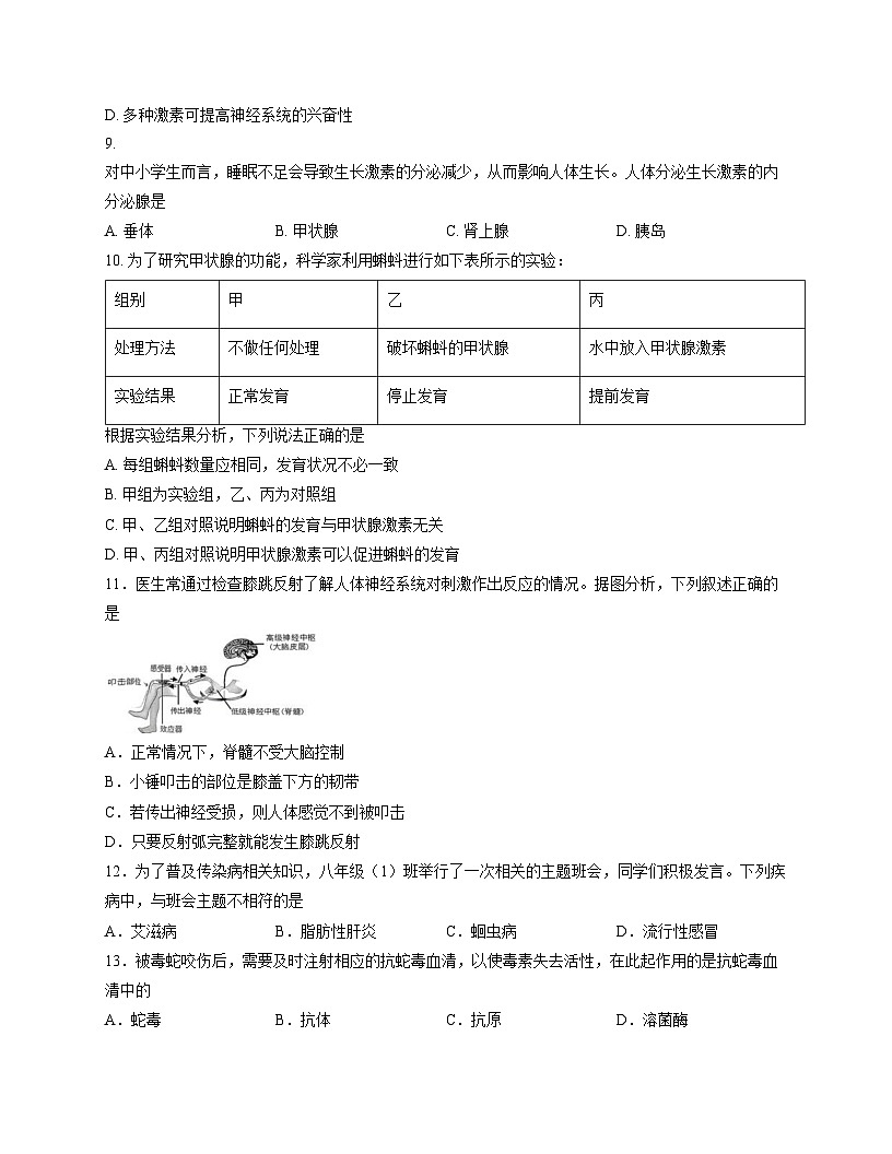 河南省南阳市方城县2025_2026学年八年级上学期期中考试生物试题（文字版，含答案）第3页