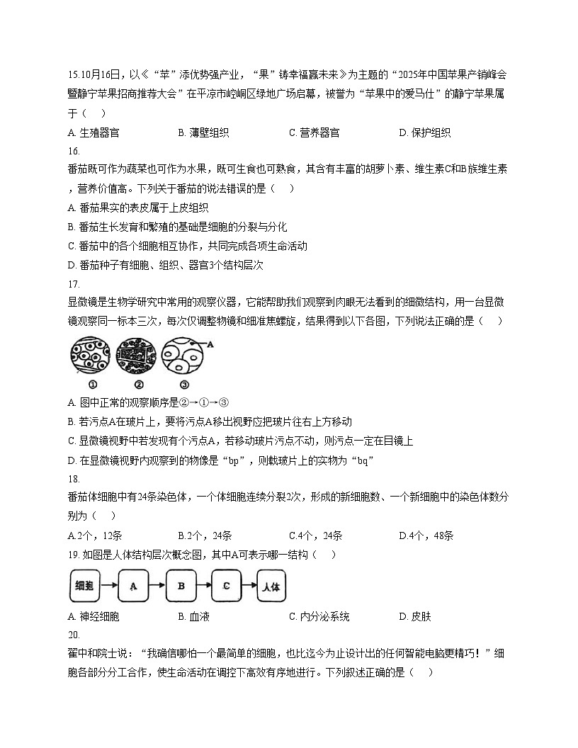 山东省德州市第九中学2025_2026学年七年级上学期期中生物试题（文字版，含答题卡、含答案）第3页