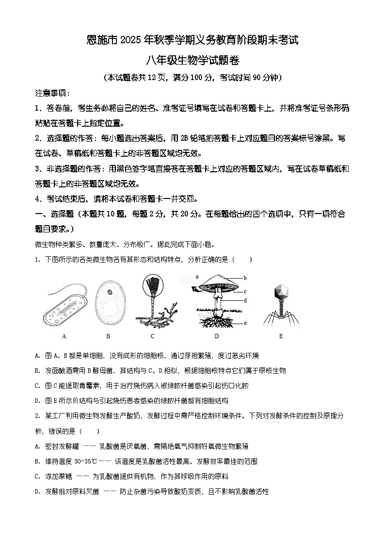 湖北省恩施土家族苗族自治州恩施市2025-2026学年八年级上学期期末生物学试题（含解析）第1页