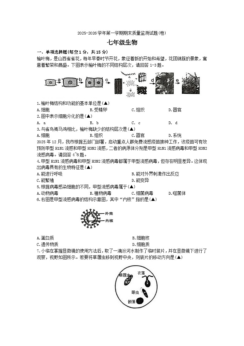 山西省临汾市部分学校2025-2026学年第一学期1月期末考试七年级生物学试卷（含答案）第1页