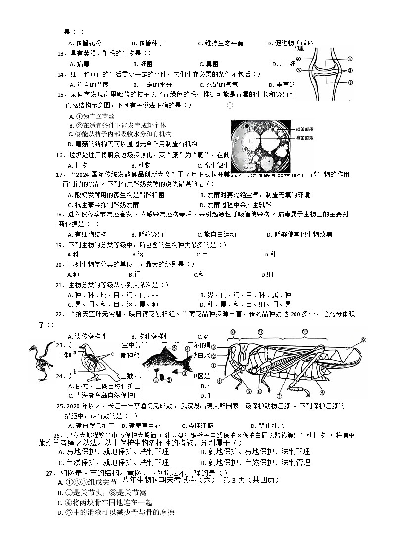 广东省汕头市潮南区八年级上学期1月期末生物试题-A4第2页