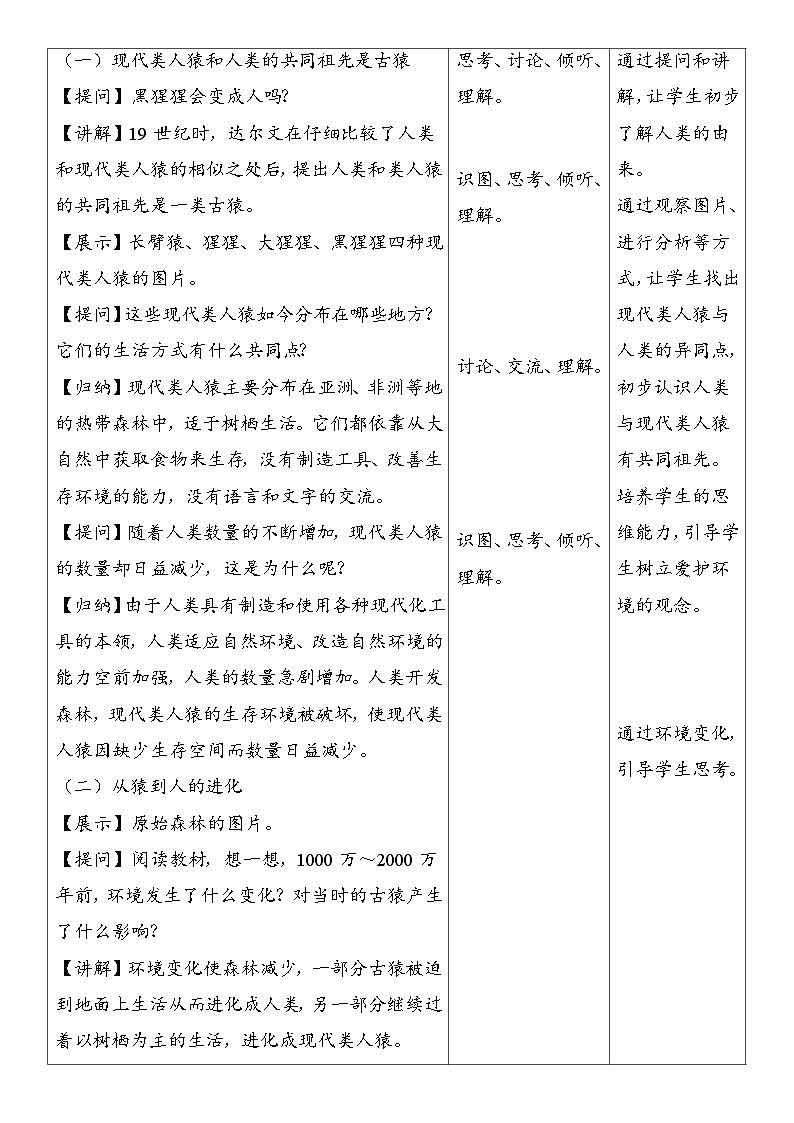 6.3.4 人类的起源 教案 (表格式） 2025-2026学年度人教版生物八年级下册第2页