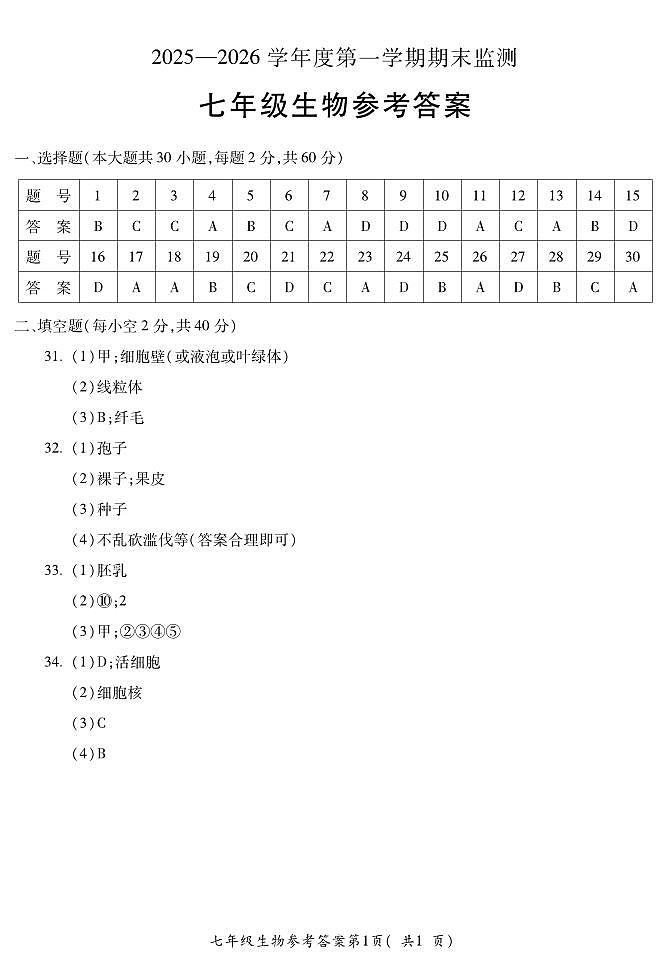 安徽省蚌埠市2025—2026学年度第一学期期末监测七年级生物答案第1页