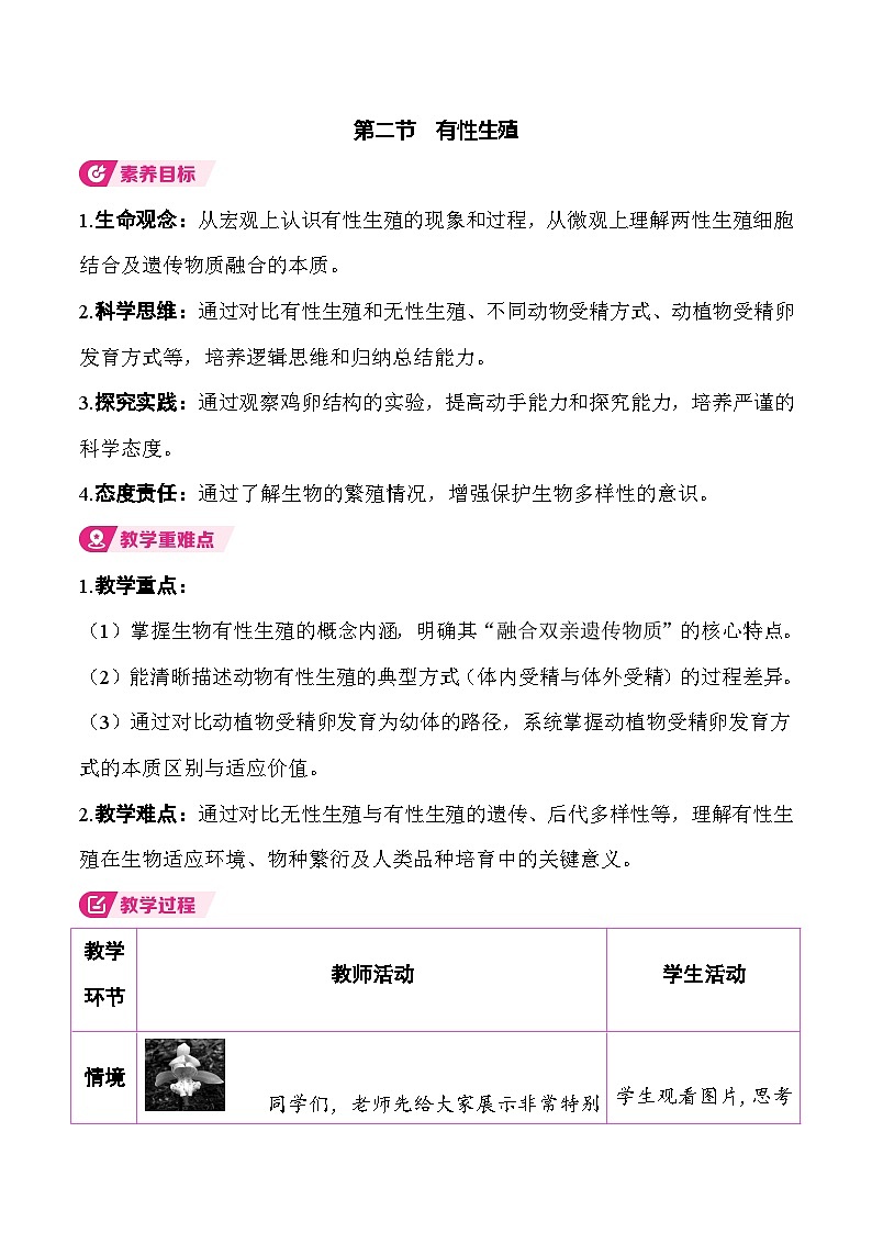 6.1.2 有性生殖 （表格式教案）2025-2026学年人教版（2024）生物八年级下册第1页