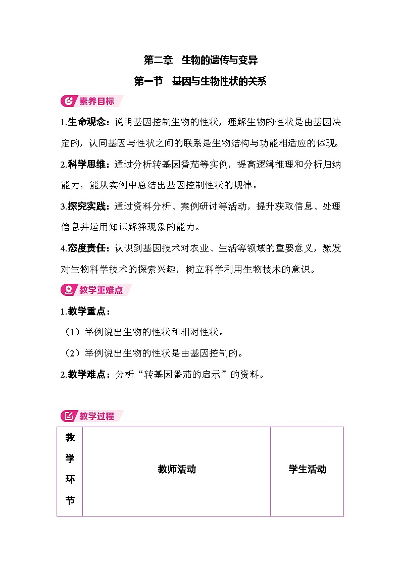 6.2.1 基因与生物性状的关系 （表格式教案）2025-2026学年人教版（2024）生物八年级下册第1页