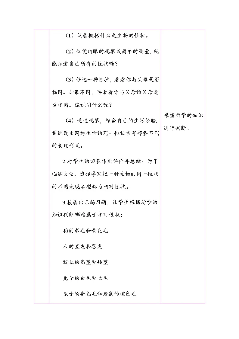 6.2.1 基因与生物性状的关系 （表格式教案）2025-2026学年人教版（2024）生物八年级下册第3页