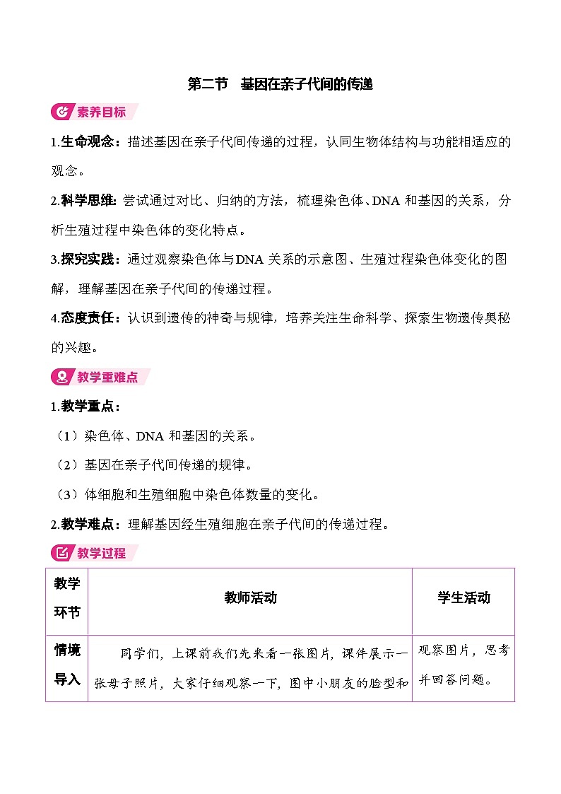 6.2.2 基因在亲子代间的传递 （表格式教案）2025-2026学年人教版（2024）生物八年级下册第1页