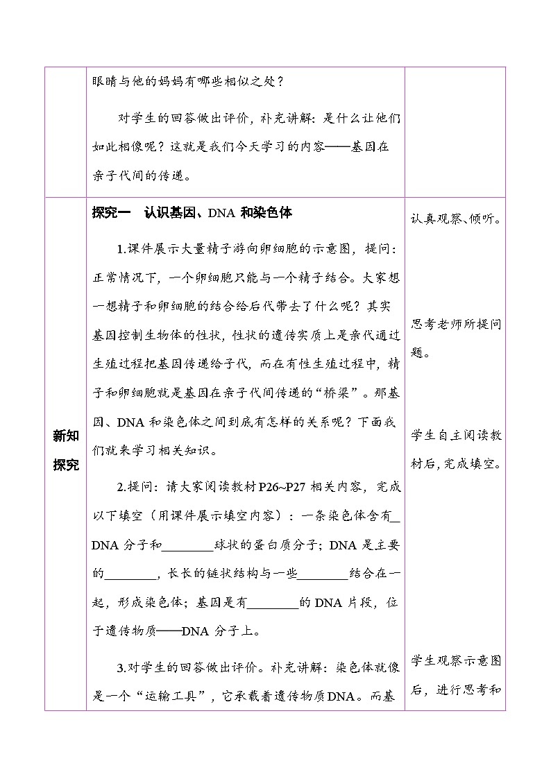 6.2.2 基因在亲子代间的传递 （表格式教案）2025-2026学年人教版（2024）生物八年级下册第2页