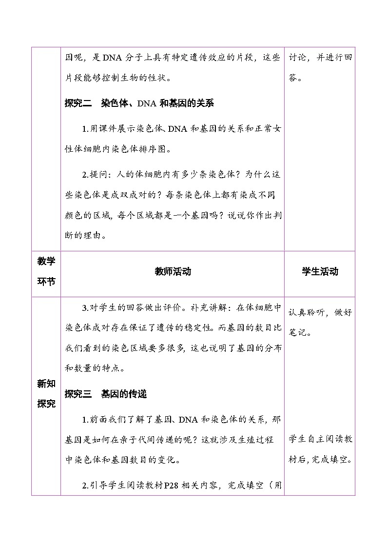 6.2.2 基因在亲子代间的传递 （表格式教案）2025-2026学年人教版（2024）生物八年级下册第3页