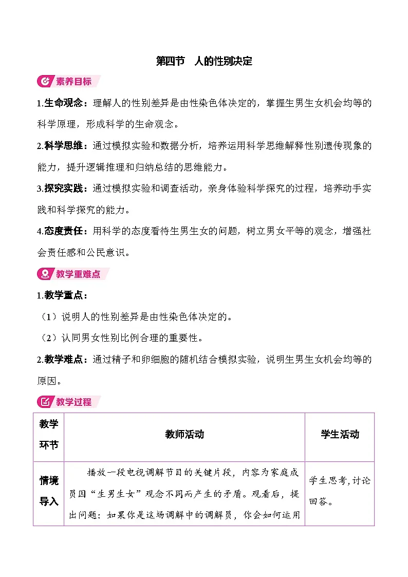 6.2.4 人的性别决定 （表格式教案）2025-2026学年人教版（2024）生物八年级下册第1页