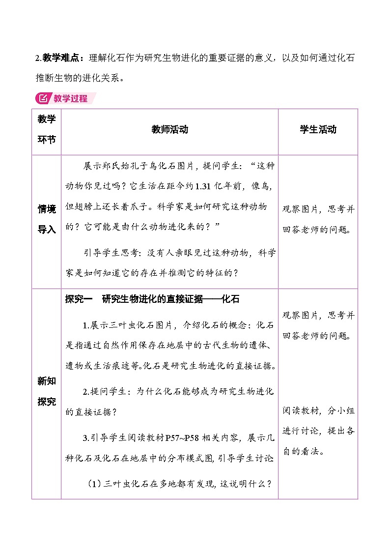 6.3.2 生物进化的历程 （表格式教案）2025-2026学年人教版（2024）生物八年级下册第2页
