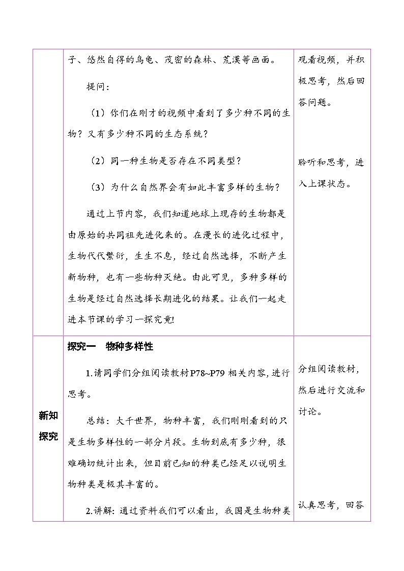 6.4.1 进化与生物多样性  （表格式教案）2025-2026学年人教版（2024）生物八年级下册第2页