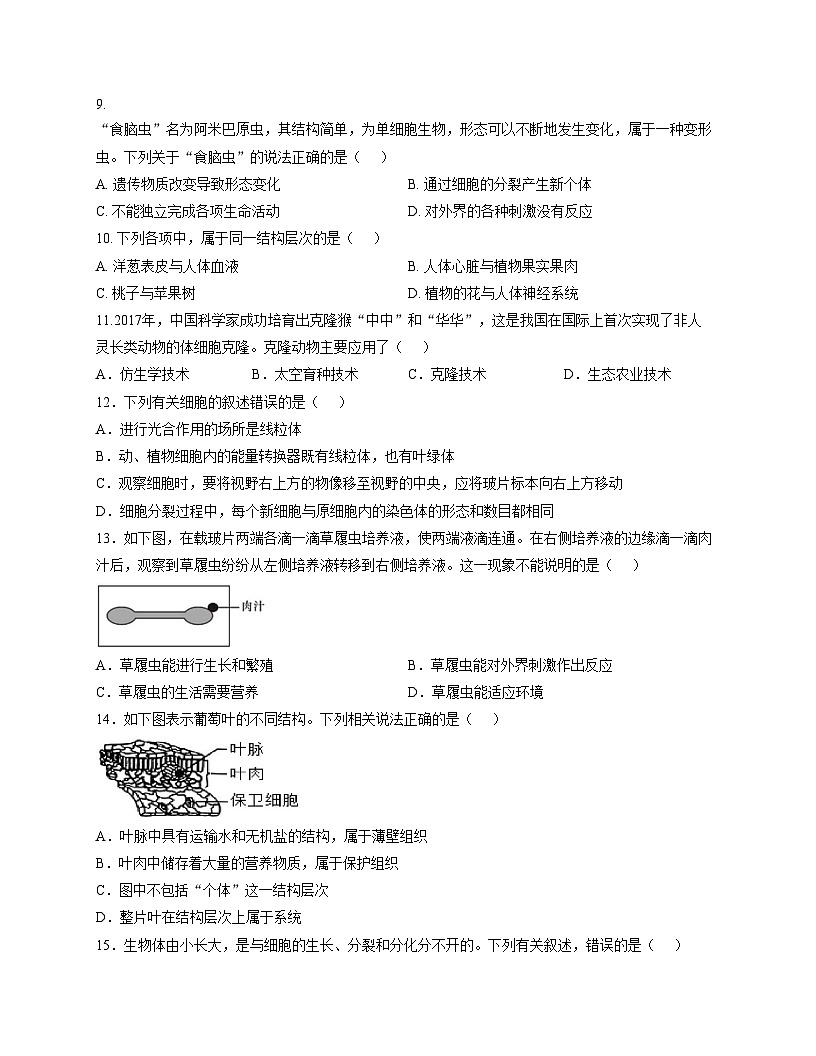 青海省西宁市第二中学2025_2026学年七年级上学期期中生物试卷（文字版，含答案）第2页