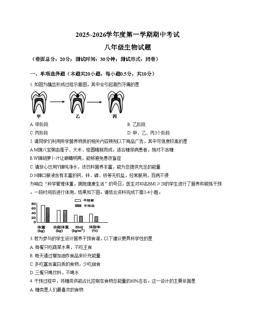 江苏省盐城市建湖县2025_2026学年八年级上学期期中考试生物试题（文字版，含答案）第1页
