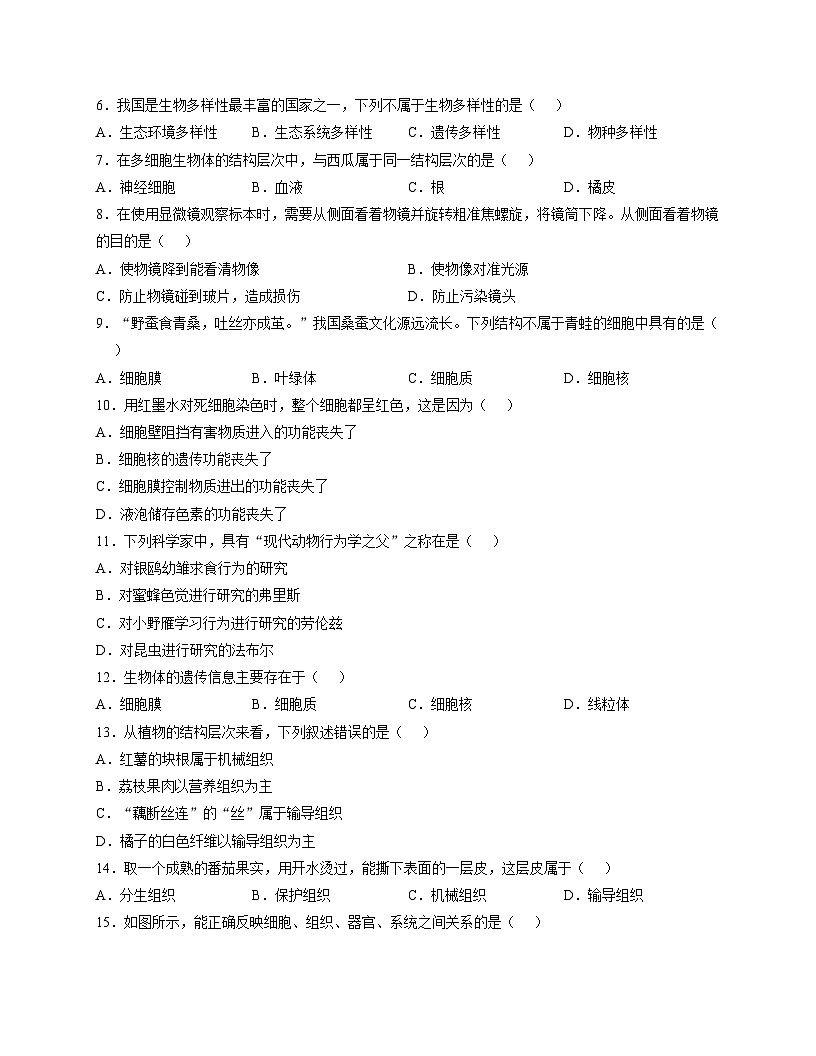 广东省湛江市徐闻县2025~2026学年七年级上学期期中教学调研测试生物试卷（文字版，含答案）第2页