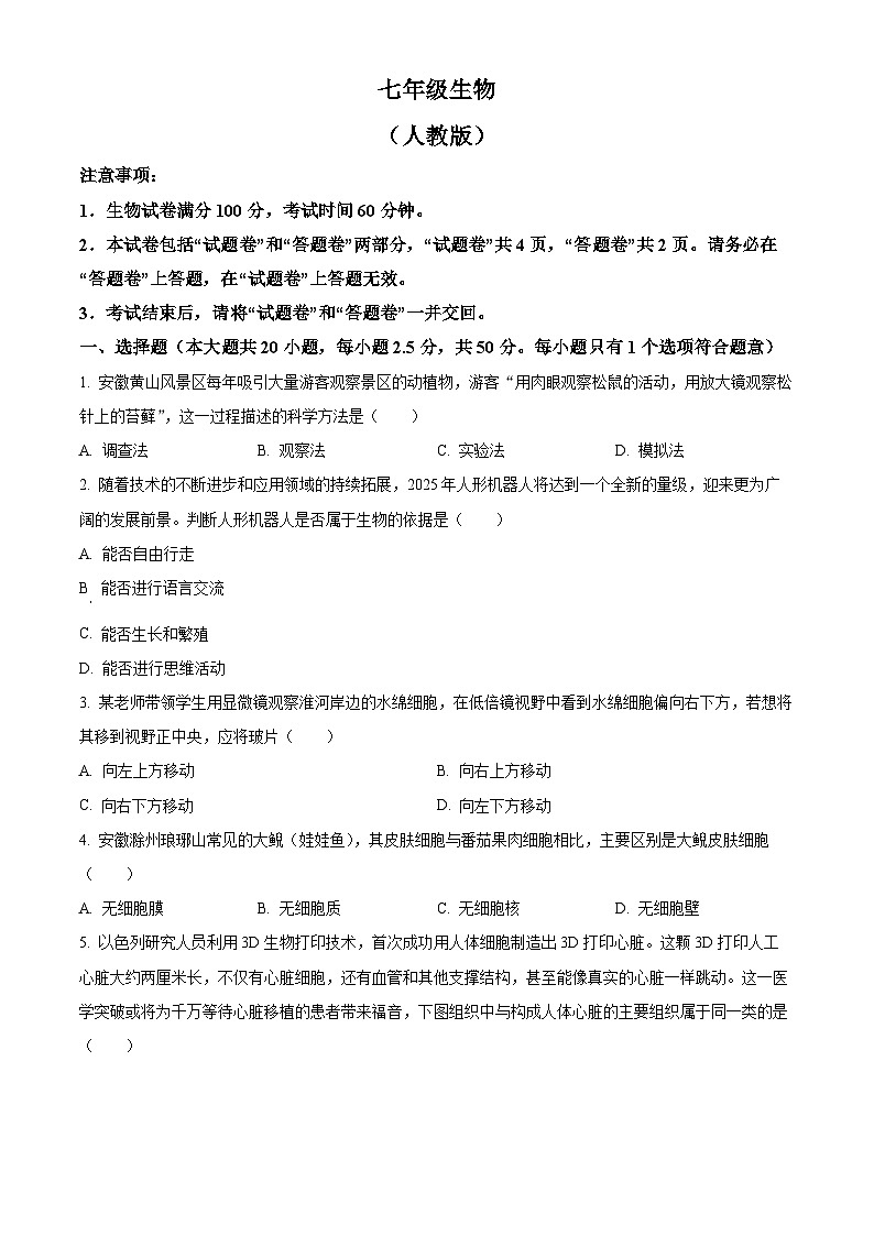安徽省蚌埠市蚌山区2025-2026学年七年级上学期期末生物学试题（原卷+解析）第1页