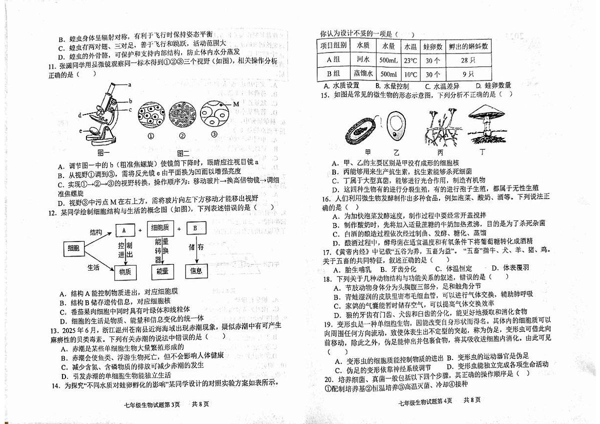 山东济宁市汶上县2025-2026学年七年级上学期期末生物试题无答案第2页