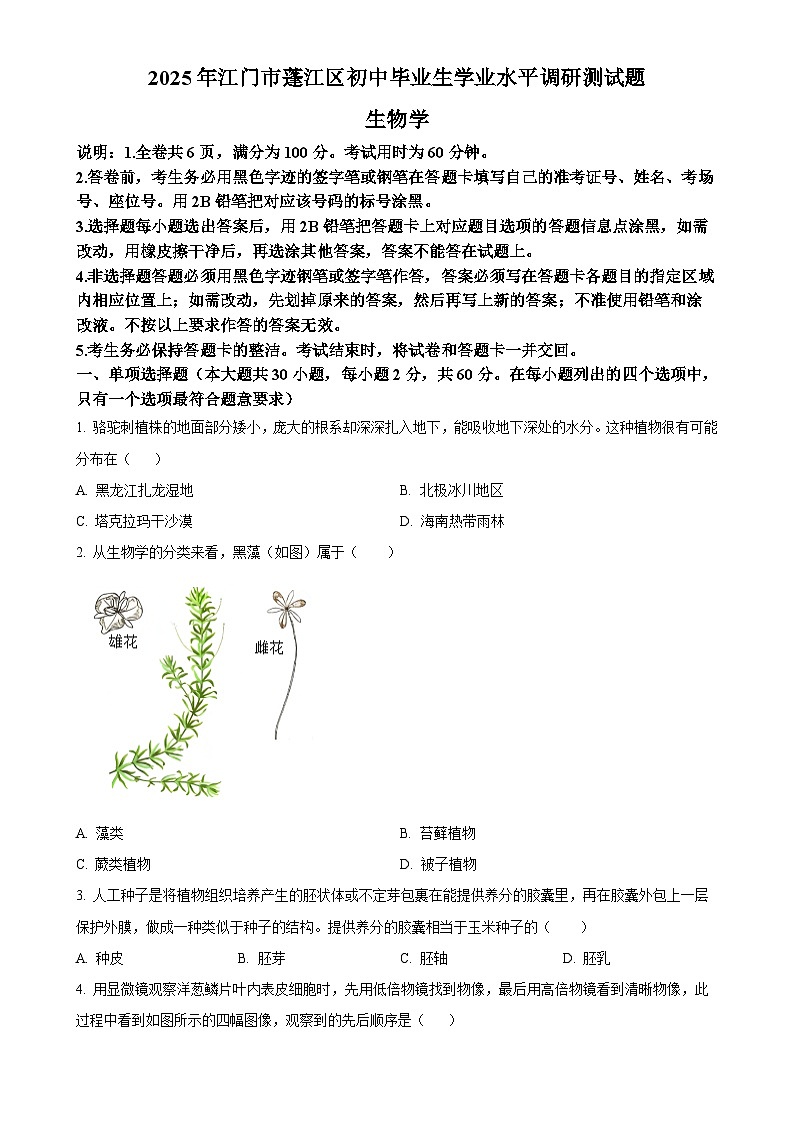 2025年广东省江门市蓬江区八年级中考一模生物试题-A4第1页