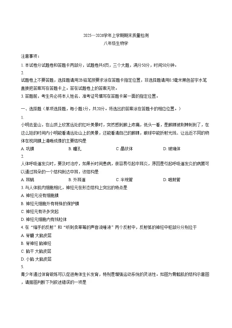河南许昌市禹州市2025__2026学年八年级上学期生物期末试卷（文字版，含答案）第1页