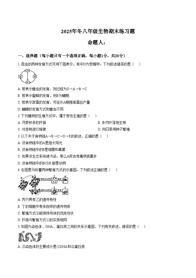 江西赣州市瑞金市2025年冬八年级上学期生物期末练习题 （文字版，含答案）第1页