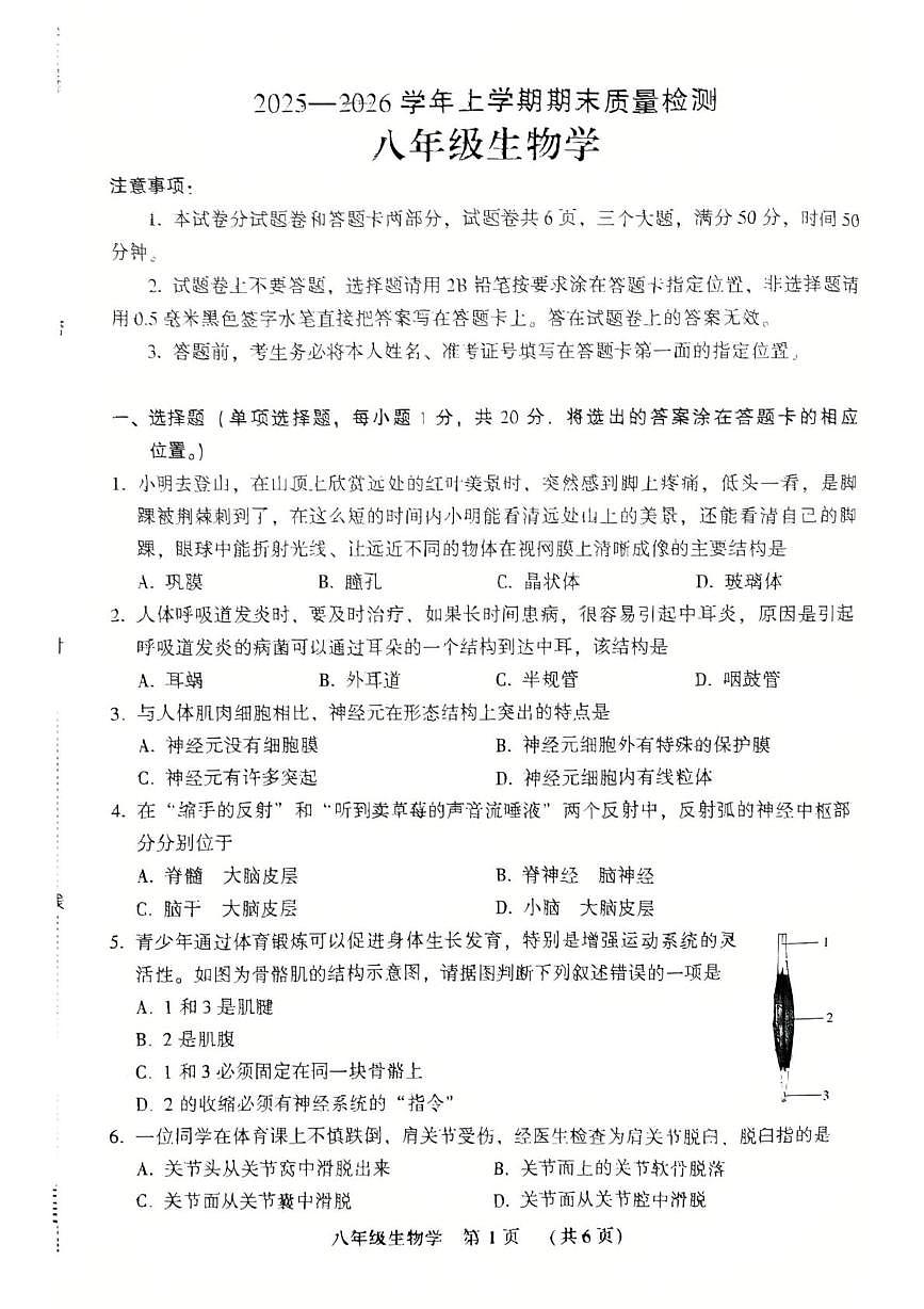 河南许昌市禹州市2025--2026学年八年级上学期生物期末试卷第1页