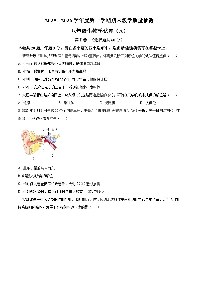 安徽省合肥市庐江县2025-2026学年八年级上学期期末生物学试题A（原卷+解析）第1页