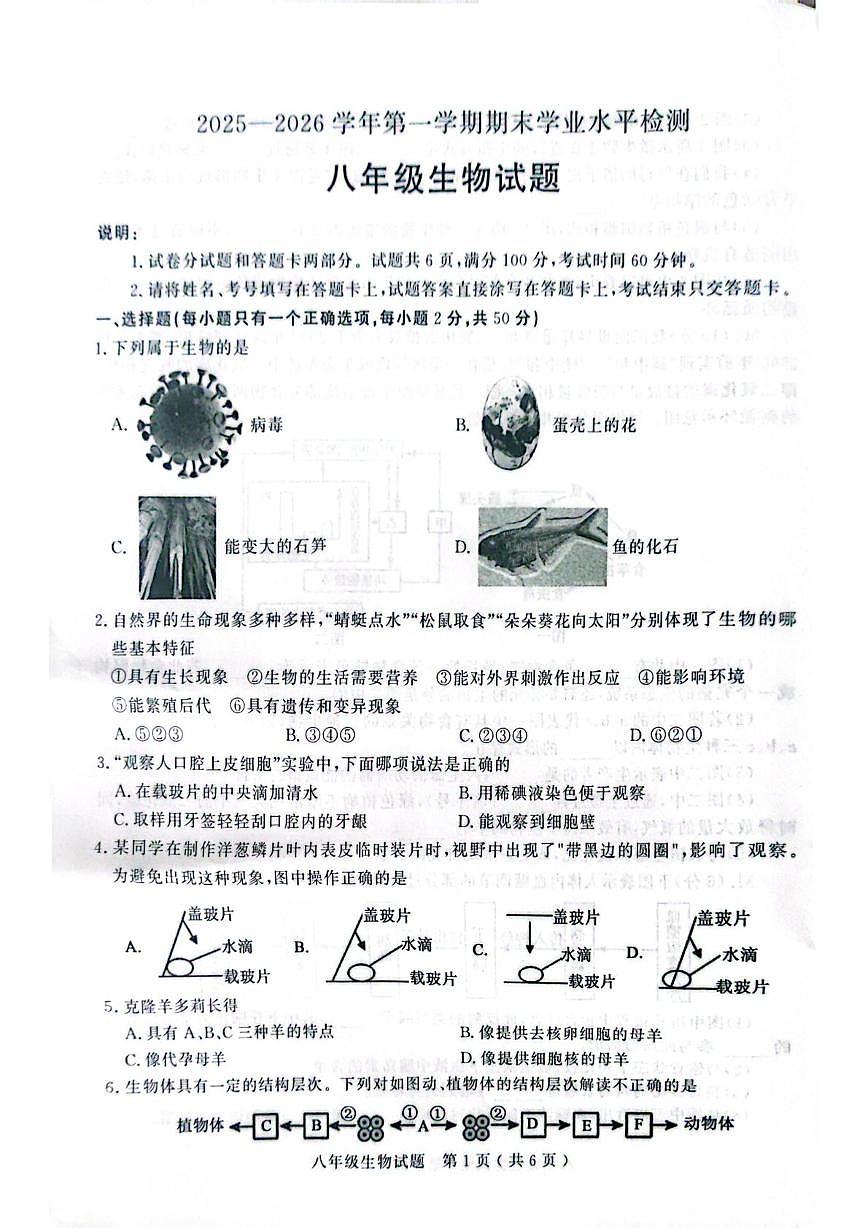 山东聊城市2025-2026学年第一学期期末学业水平检测八年级生物试题第1页