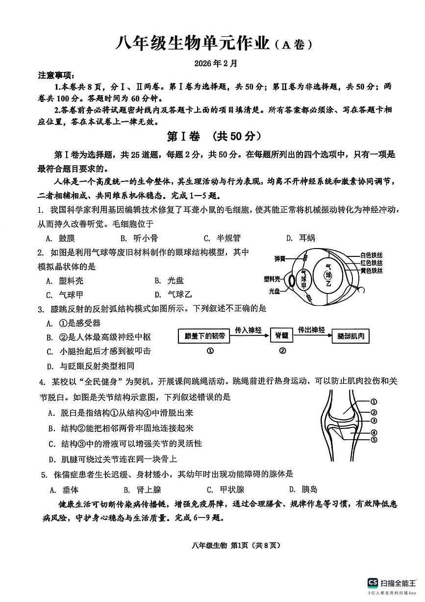 山东省临沂市沂水县2025-2026学年八年级上学期末生物单元作业（A卷）第1页